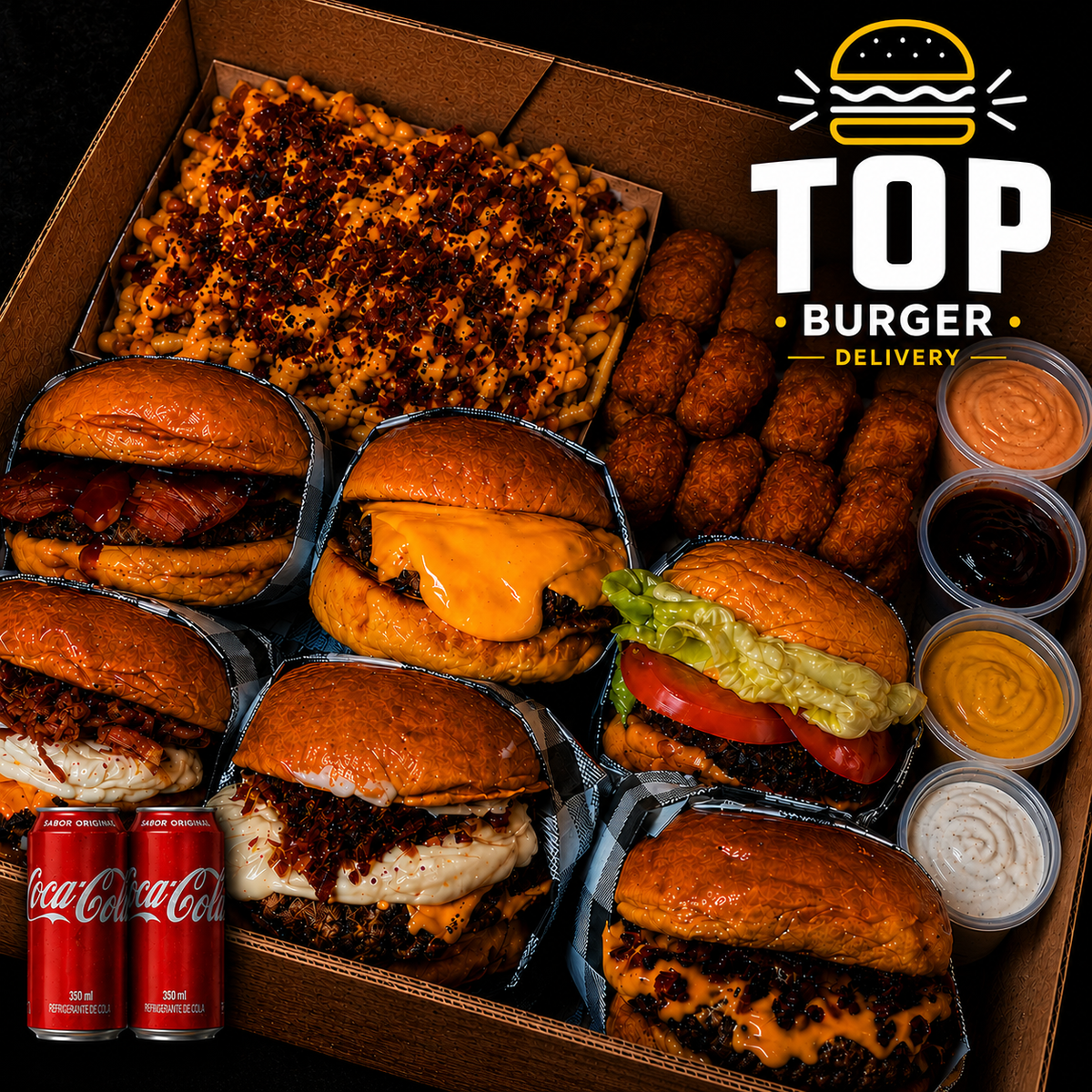 RODÍZIO EM CASA - 6x Hambúrgueres + 500g de Fritas + 500g Nuggets + 2X Coca-Cola 2L + 4 Molhos Especiais